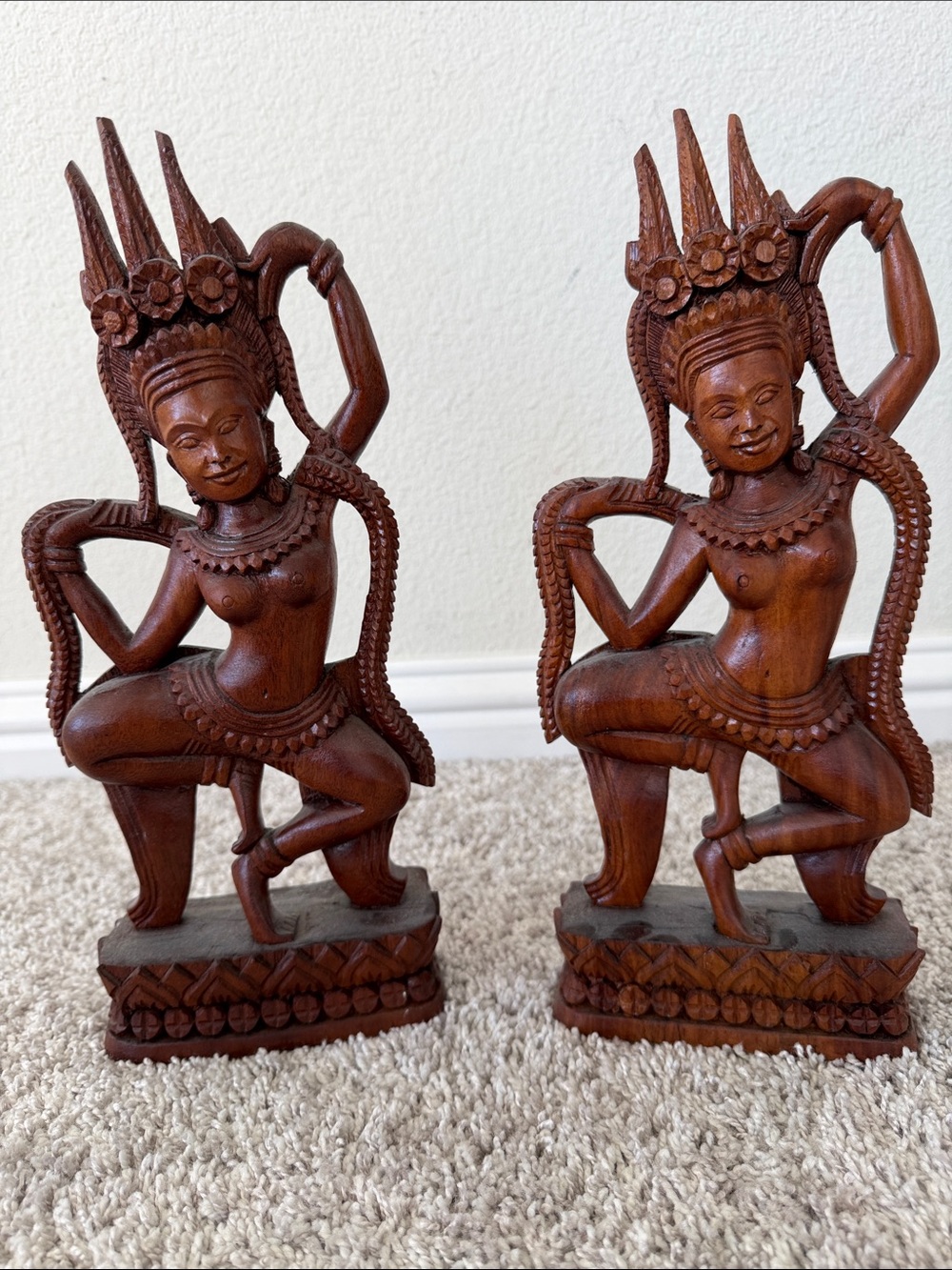 Vintage Hand-Carved Wooden Sculpture Apsara Dancer Pair